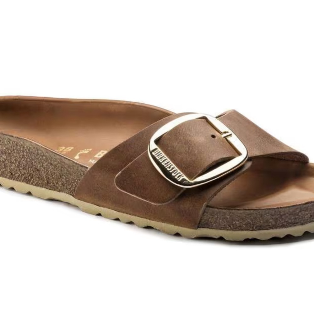 NEW Madrid Big Buckle Birkenstock Women's Cognac Slide Sandals Sz 10